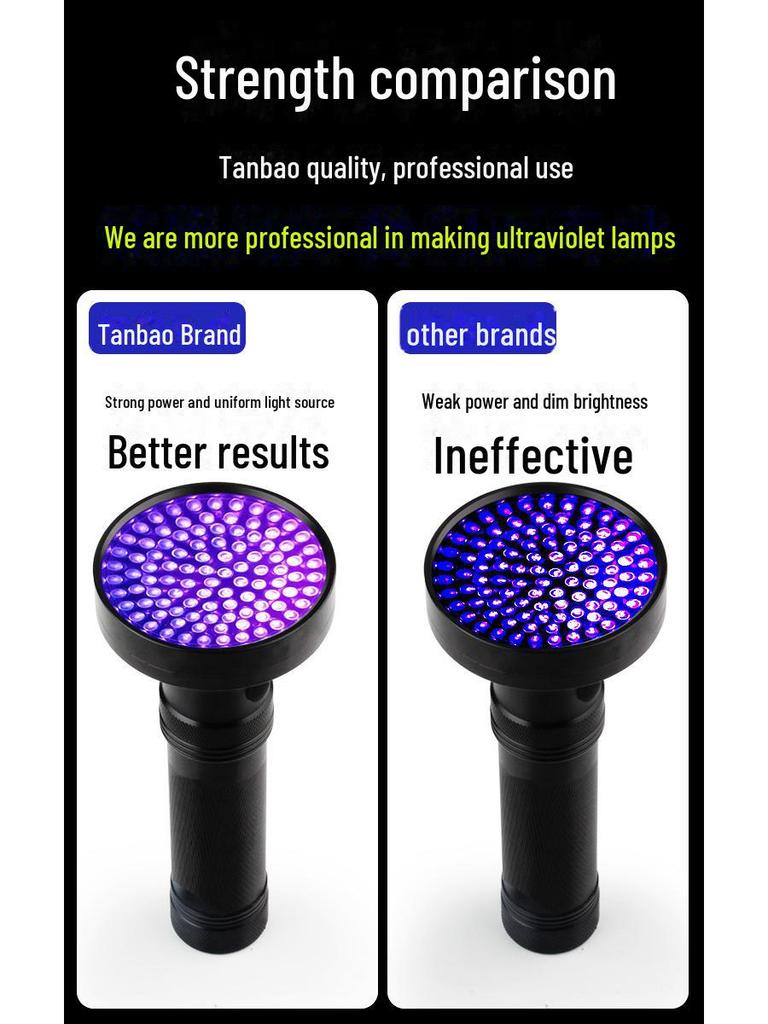 Tanbao 100 LED UV Flashlight - Purple Light for UV Detection, Anti-Counterfeit, Scorpion Finding, and Disinfection.