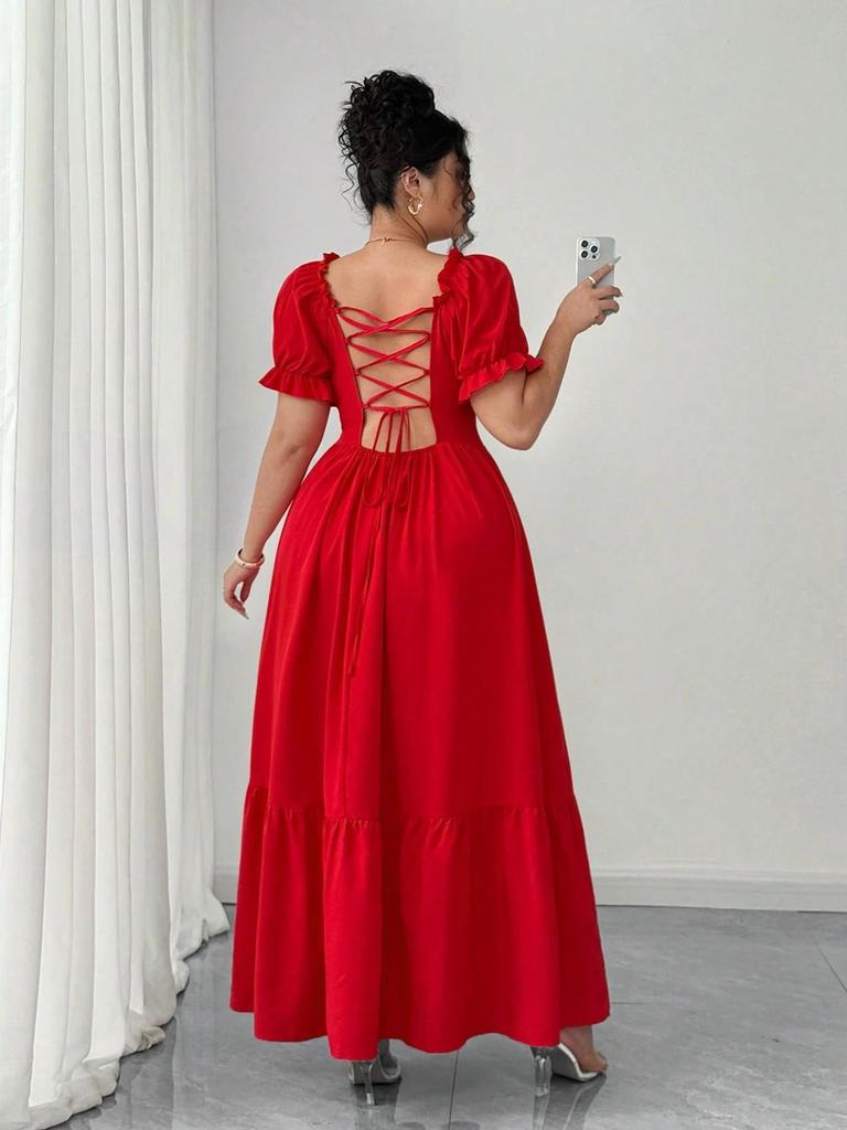 2026 Summer Plus Size Women's Sexy Backless V-Neck Short-Sleeve Dress