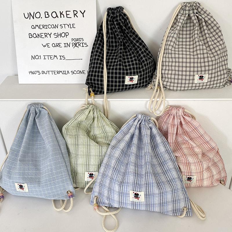 Checked Backpack Drawstring Canvas Women Shopping Bag Sports Gym Bag Training Sackpack Simple Commuter Bag