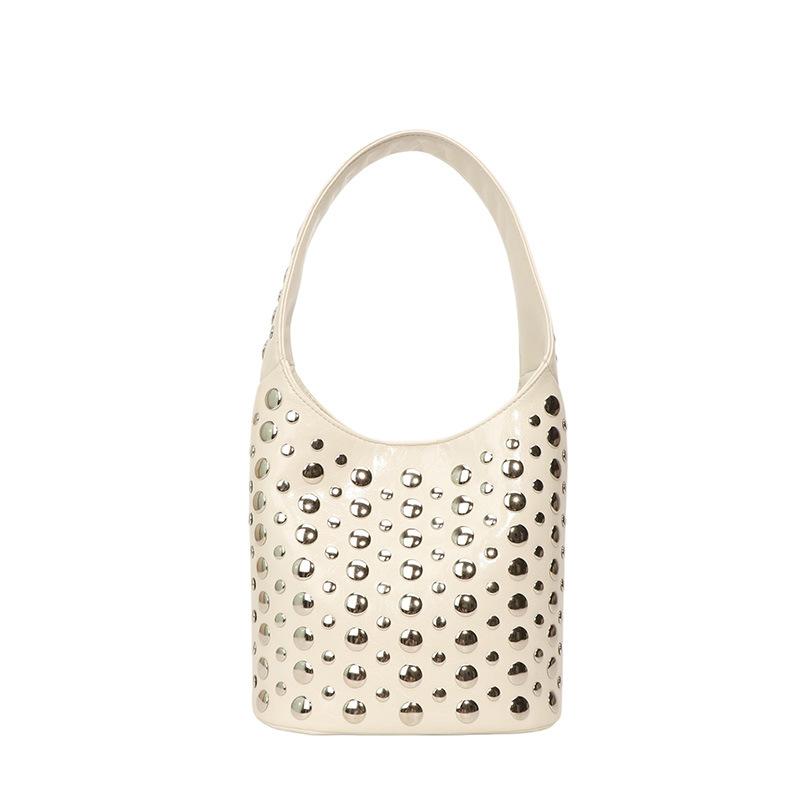 2025bags studded women's bag European and American vintage fashion shoulder bag ins new hand-held embroidery bucket bag