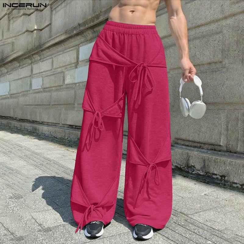 INCERUN Pantaloni lungi casual pentru bărbați, cu talie elastică, patchwork cu fundă