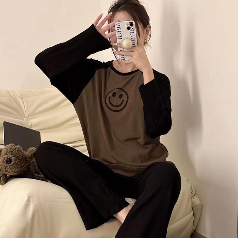 2024 Korean Style Women's Smiley Face Pajama Set - Spring/Autumn Long Sleeve Solid Color Homewear