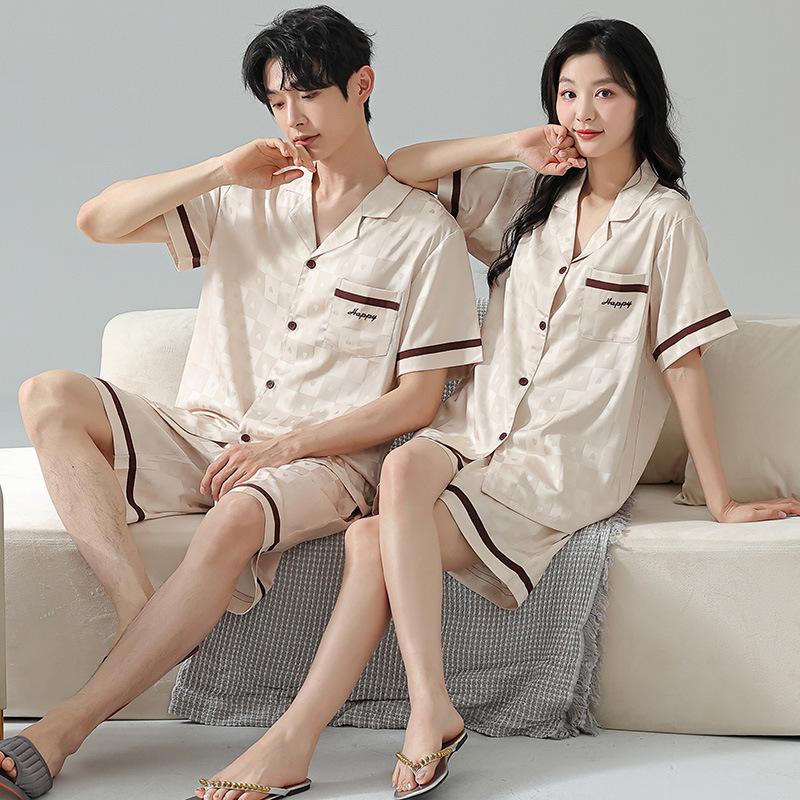 Ice Silk Pajamas Couple 1011 New Summer Thin Short-sleeved Shorts Can Be Worn Outside a Man's and a Woman's Pajamas Loungewear