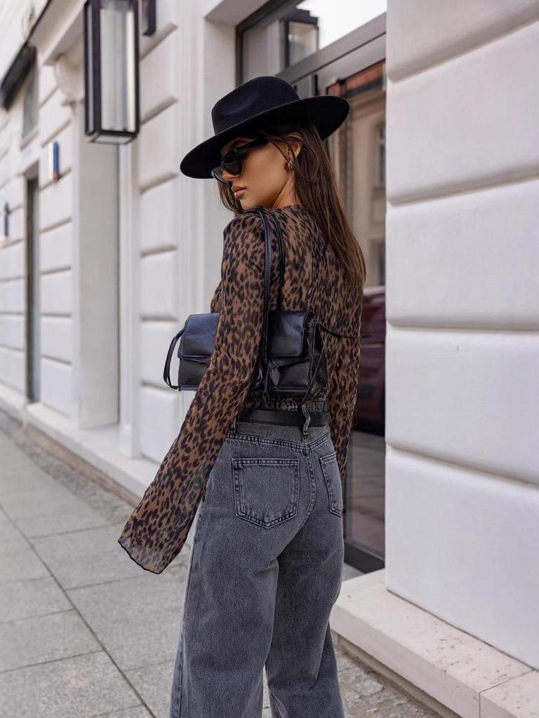 2025 Europe & America Spring/Summer V-neck Fashion Leopard Print Mesh Flare Sleeve Top for Women