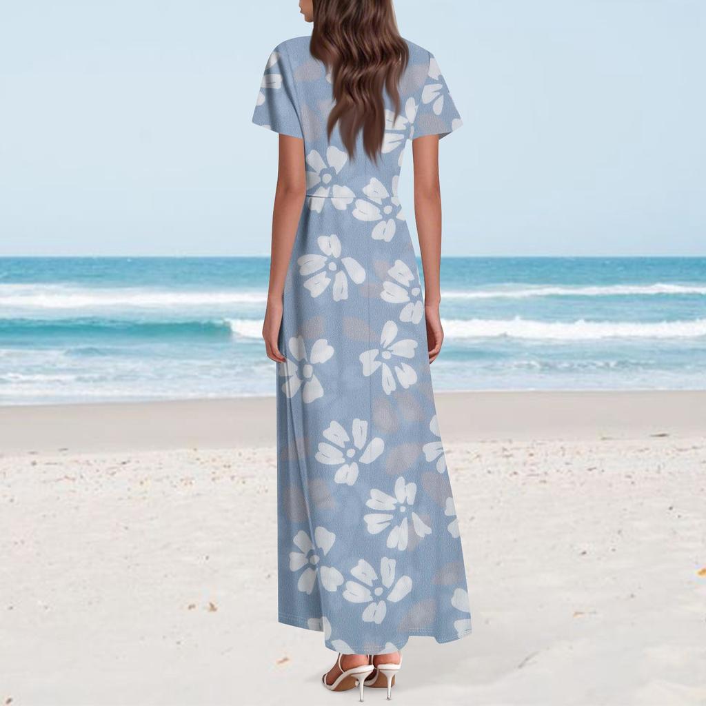 Women's Hawaiian Print Casual Round Neck Short Sleeve High Waist Dress