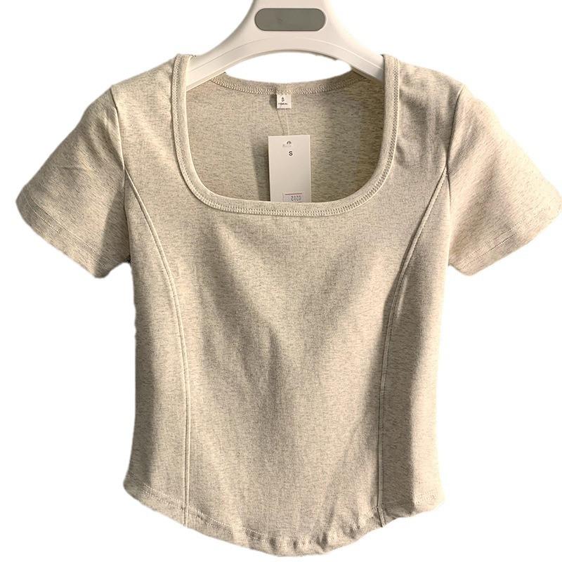 

Женская летняя футболка с квадратным вырезом на плечах, с короткими рукавами, облегающая и тонкая, короткий топ S серый