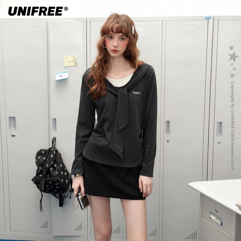 UNIFREE Women s Korean Style Fake Two-Piece Slim-Fit T-Shirt One Size