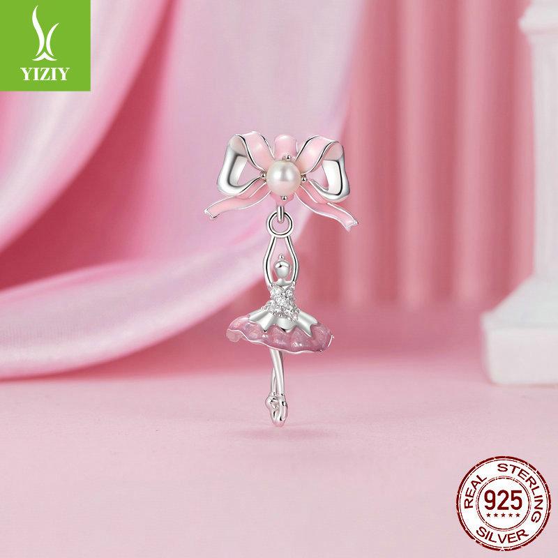 Romantic Pink Bow S925 Silver Pendant Jewelry Accessories Sweet High Heels Champagne Diy Beads