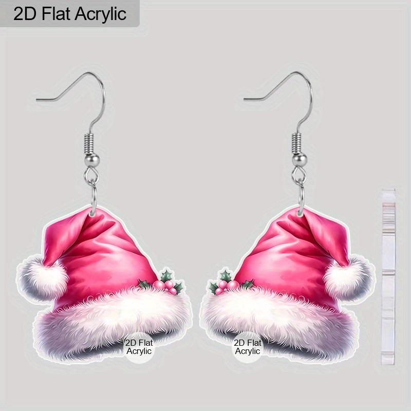 2D Flat Acrylic Cute Pink Christmas Hat Dangle Earrings, A Festive Gift for Women, Perfect As Holiday Party Jewelry.