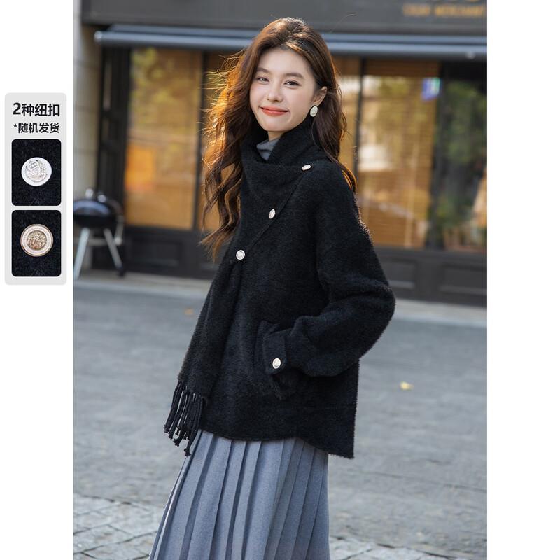 

ITISF4 Elegant Double-Sided Wool Blend Short Coat with Scarf One Size