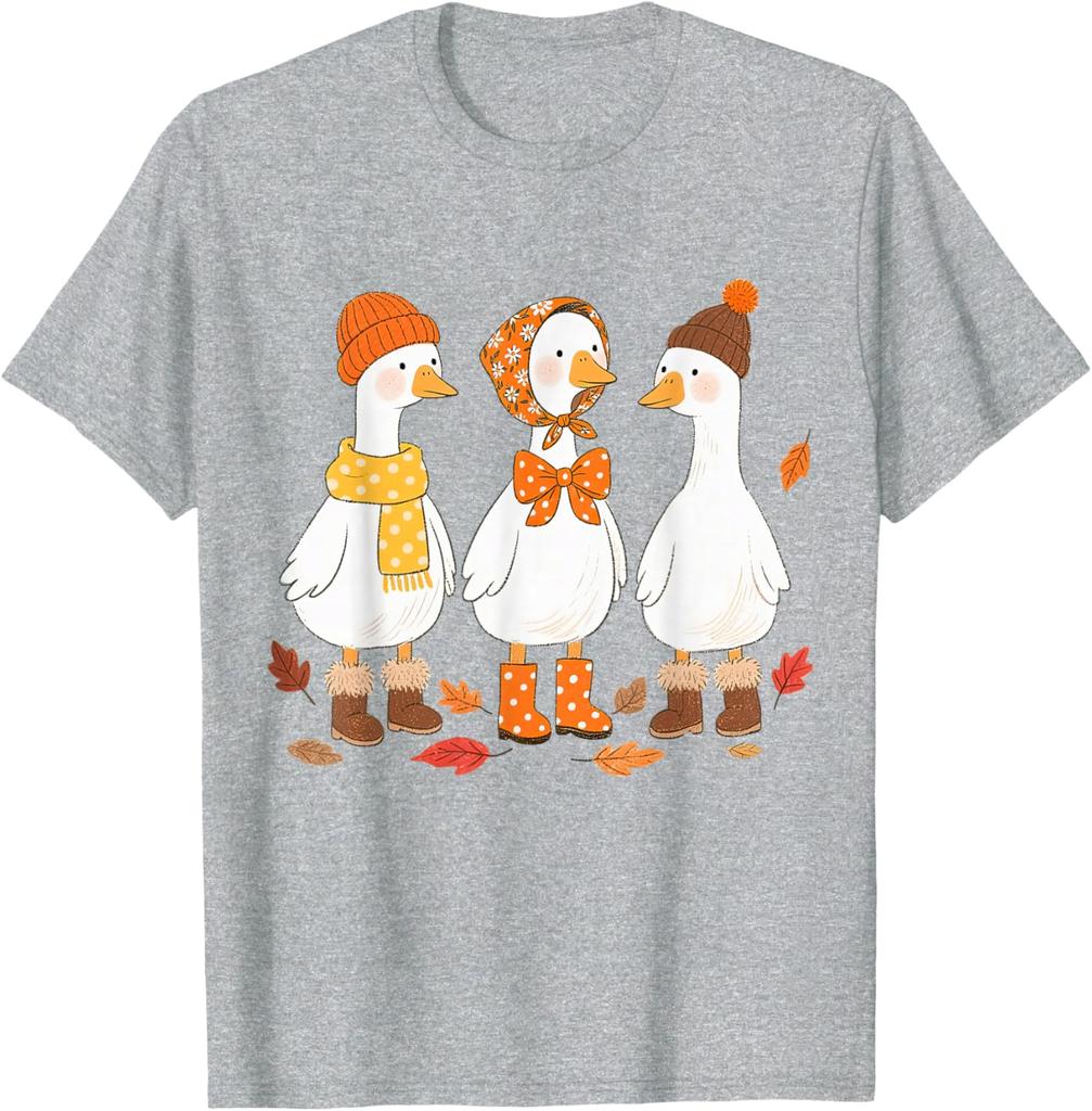 Süßes Drei-Gänse-Herbst-Vibes Grafikdruck-T-Shirt Lässiges Baumwoll-T-Shirt mit Rundhalsausschnitt für Damen
