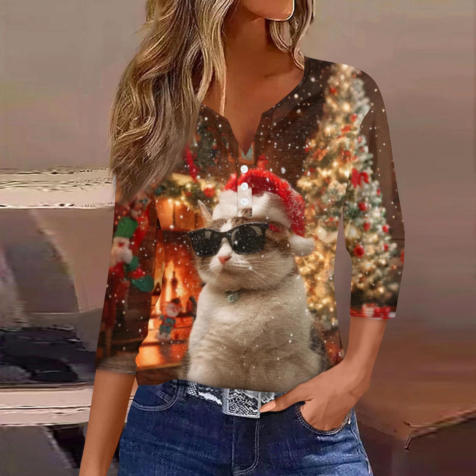 

Women s Fashionable Casual Christmas Printed V-neck Three-quarter Sleeve Decorated Button Top L Кіновар
