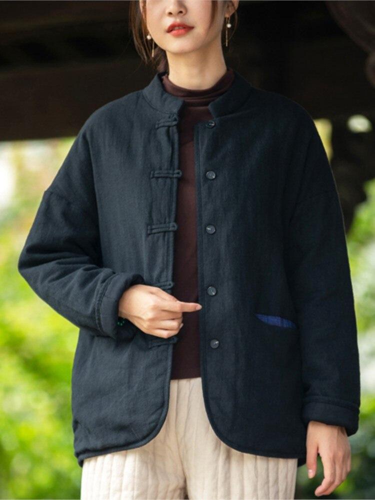 Johnature Women Chinese Style Linen Parkas Stand Long Sleeve Button Solid Color Coats Winter Vintage Warm Parkas Women