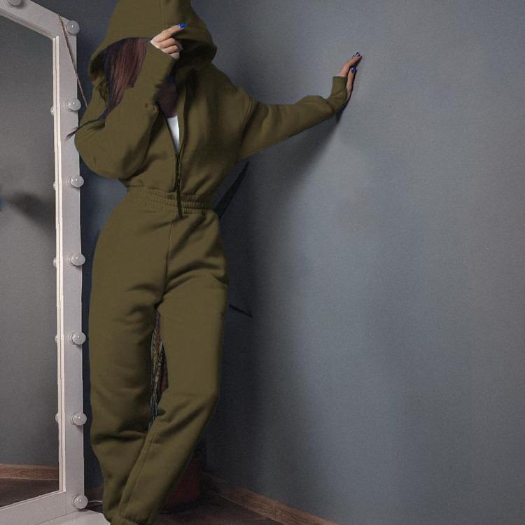 Women Hooded Jumpsuit Long Sleeve V Neck Solid Color Wide Leg Pants Suit Loose Autumn Winter Top