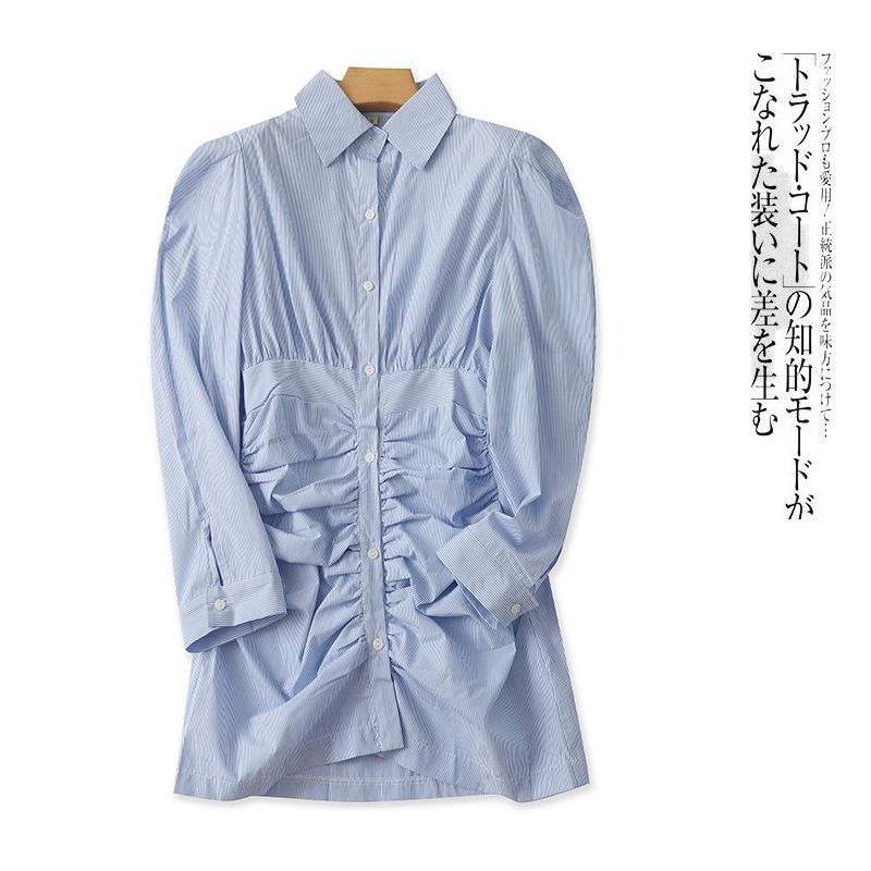 

Stripe Shirt Dress Autumn New Foreign Trade Women clothes Flip + V-neck Single-Breasted Long sleeve Pleat Patchwork Short dress 26713 Blue and white striped B- 8-29-4 S