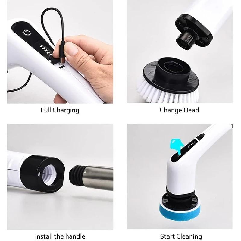 7 In 1 White Wireless Electric Cleaning Brush Window Wall Cleaner Electric Turbo Scrub Brush Rotating Scrubber Kitchen Bathroom Cleaning Tools