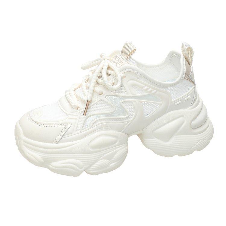 

Толстые подошвы Pops Shoes женские в течение высокого лета универсальные сетчатые дышащие женские туфли маленькие белые кроссовки 40