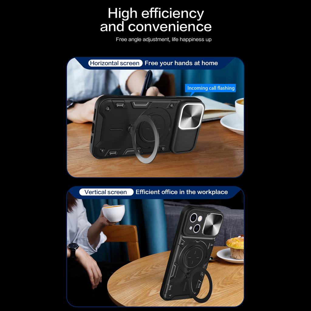 Dla iPhone 14 Przesuwana Osłona Aparatu Tylna Pokrywa PC+TPU Etui na Telefon z Obrotową Podpórką