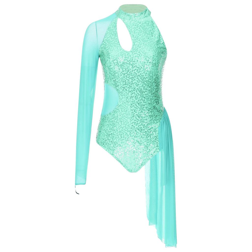 Robe de Patinage Artistique Femme Paillettes Séquins Justaucorps Une Épaule Maille Transparente Manches Longues Col Halter Vêtements de Danse