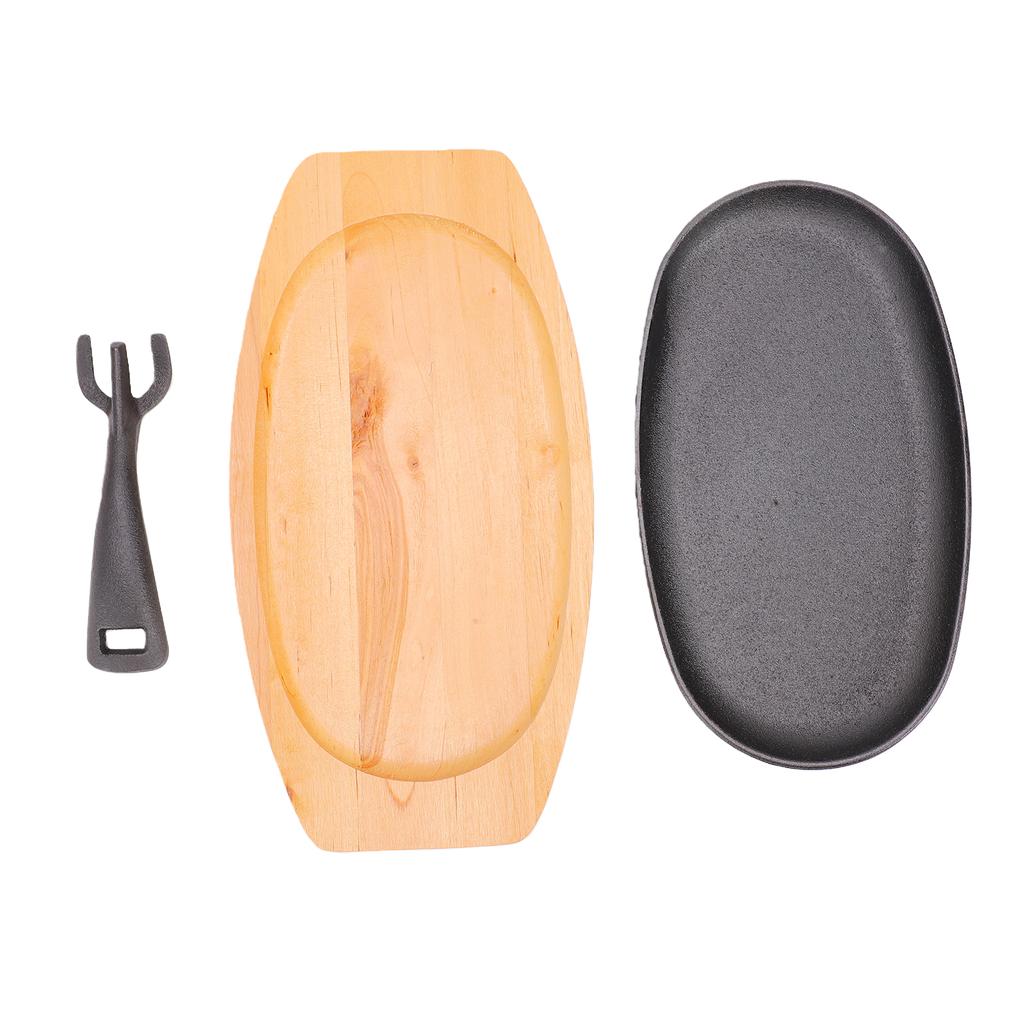 Oval Cast Iron Fajita Skillet Pan Set Small Sizzling Steak Plate with Wooden Base and Handle Sizzling Plate for