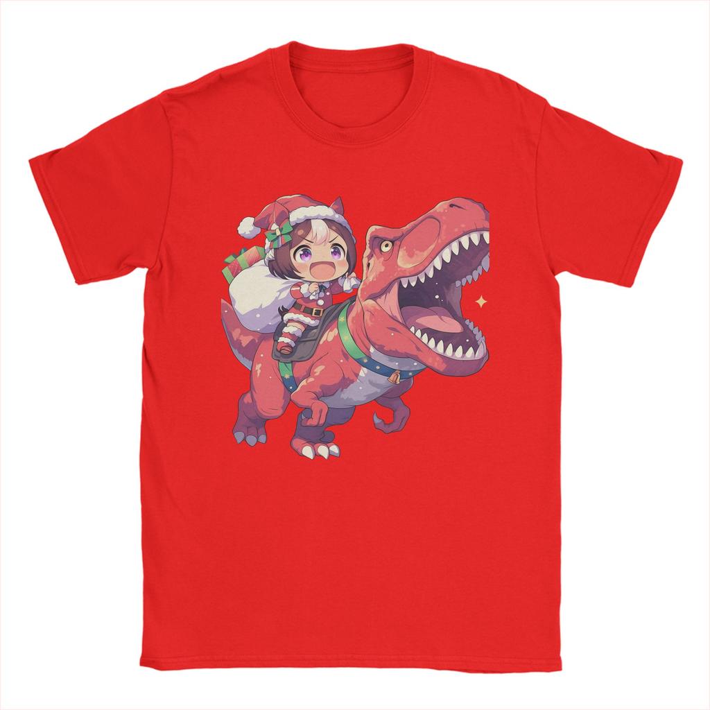 Special Week Santa Riding T-Rex T Shirt Men's  Cotton Casual T-Shirt Crewneck Uma Musume Pretty Derby Anime Tees Short Sleeve