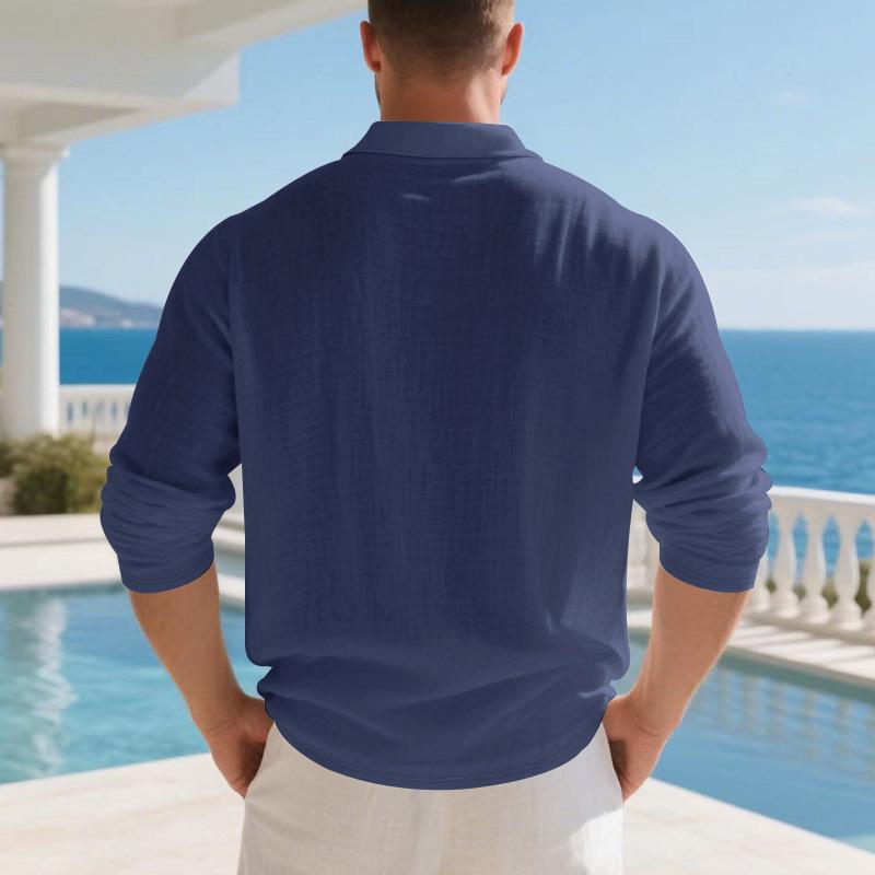 Europäisches Herren Atmungsaktives Baumwoll-Leinen Langarm Poloshirt