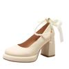 Mary Jane shoes women's spring 2025 new bow pearl one-word strap high heels fairy style thick heel single shoes