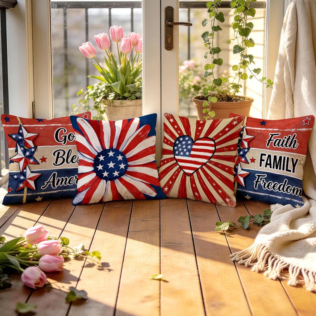 4Pcs 4Th Of July Retro Floral Heart Star Print Single-Sided Cushion Cover For Living Room Bedroom Car Home Decor