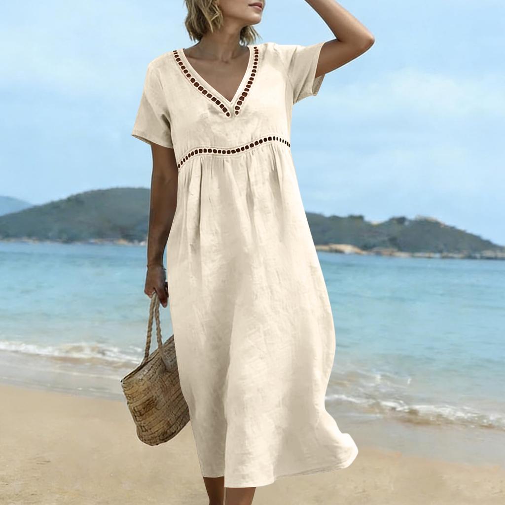 Women's Summer Round V-Neck Short-Sleeve -Color Cotton-Linen Dress With Openwork Lace