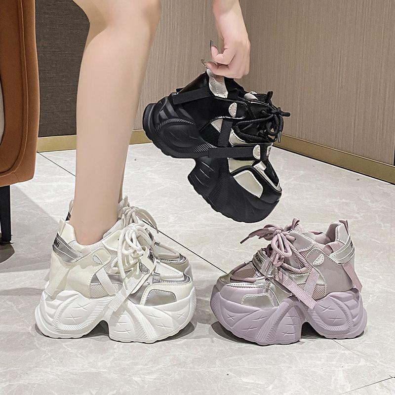 Dad's Shoes with A Height Increase of Within 10cm Women's Autumn New Style Sponge Cake Thick Sole Small Stature  Mesh Casual Sports Shoes for Women