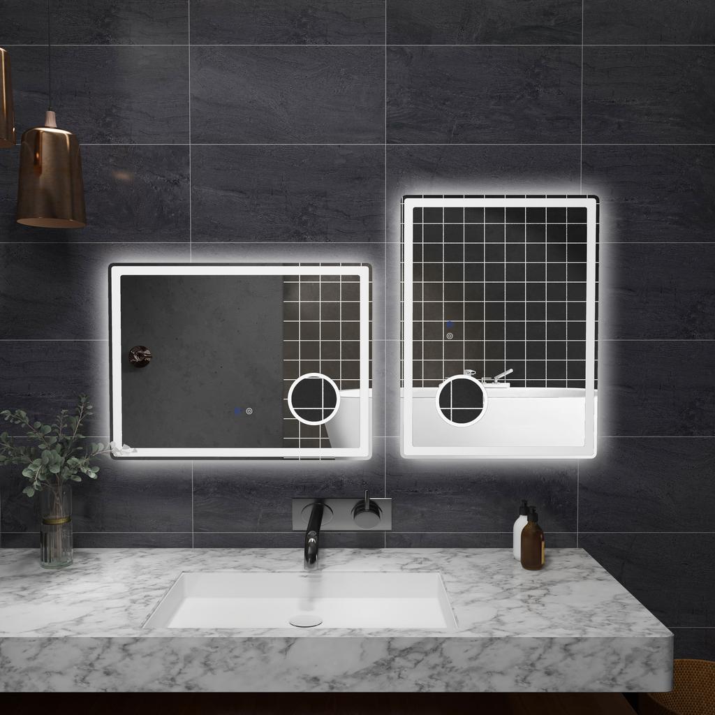 LED Badezimmerspiegel mit Lichtern, 3-fach Vergrößerungsspiegel, Dimmbarer beleuchteter Badezimmerspiegel, Schminkspiegel mit 3 Farben vorne und Hintergrundbeleuchtung, Intelligente Touch-Bedienung