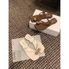 Sheepskin~ Grape mother flat-bottomed leather shoes square head with gold buckle toe slippers women's summer sandals