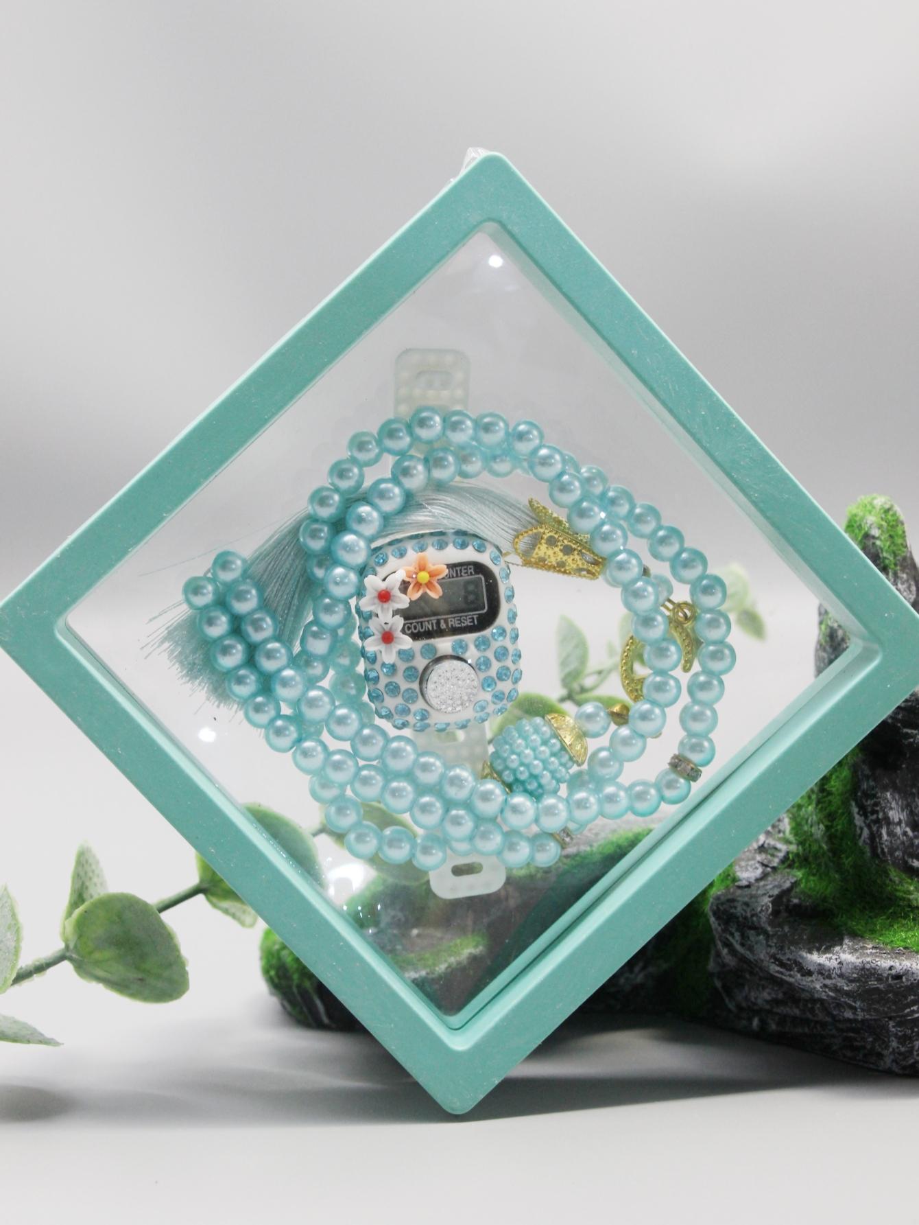 

7 Colors Islamic Prayer Counter + 99 Beads Crystal Tasbih Set | Bow/Flower/Insect Random | Transparent Gift Box зелёный