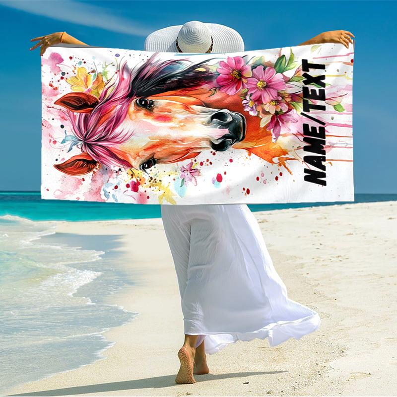 1PC Custom Name Horse Floral Artwork Beach Towel Highly Absorbent And Sand-Resistant Towel for Swimming, Pool, Yoga, And Travel Lightweight