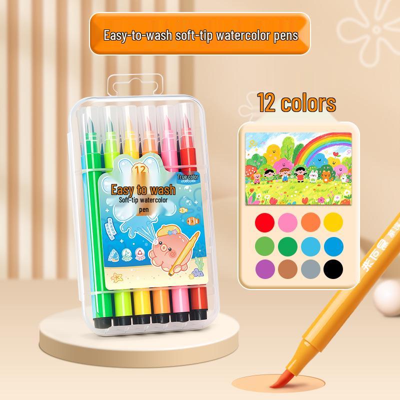 True Color Soft Tip Watercolor Pens with Large Capacity Triangular Barrels for Kids' Art Class and Drawing.
