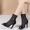 2025 Sexy Female Sandals Peep Toe Flock Suede Breathable Mesh Zipper Belt Buckle Thin High Heels 10cm Plus Size