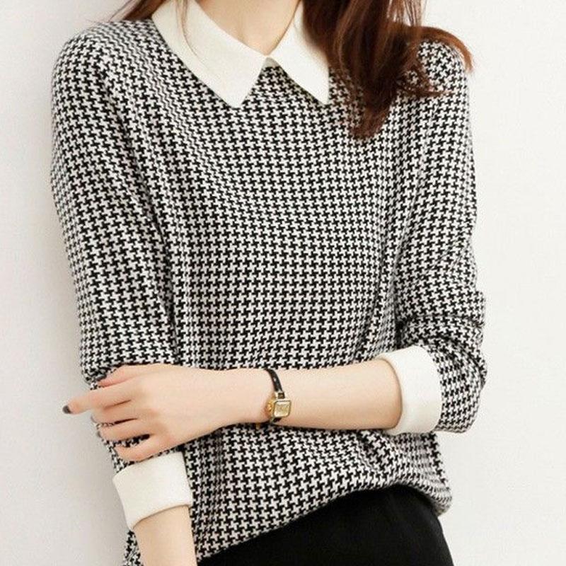 

Vintage Sweet Peter Pan Collar Plaid Knitted Shirt Spring Autumn Long Sleeve Fashion Patchwork Women s Clothing Korean Blouse S білий