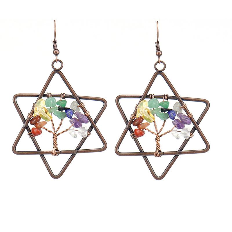 Vintage Handmade Winding Natural Gravel Crystal Tree Of Life Hexagram Earrings Earrings E16