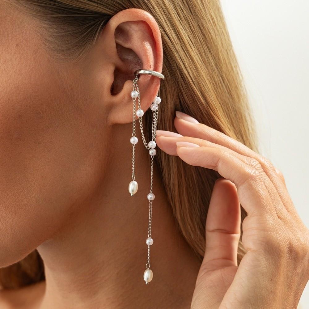 Long Tassel Chain Ear Clip Pearl Metal Chain Ear Cuff Minimalist Design Clip Earrings  For Women