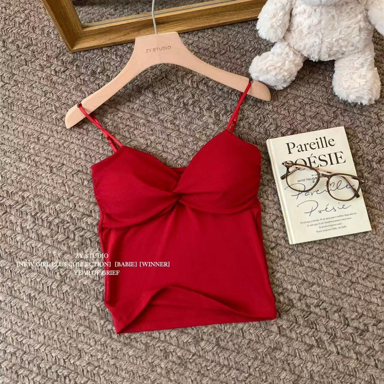 

Women s Hot Girl Sexy Camisole Vest with Chest Pad Spring Summer Inner and Outer Wear Ruched Slim Fit and Slimming Lining Top S красный