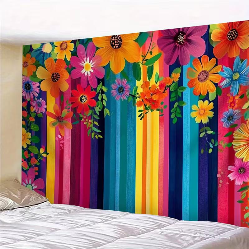 2D Multicolor Flower Tapestry with Rainbow Stripes for Modern Living Room Decor
