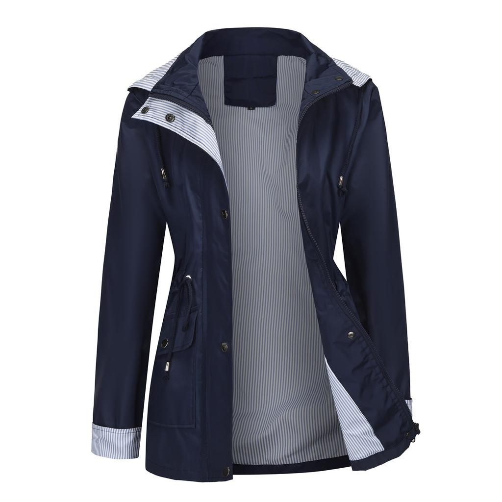 Women's Solid Color Hooded Trench Coat Plus Size Jacket, Detachable Hood, Pockets, Waist Drawstring Design, Multiple Colors Available