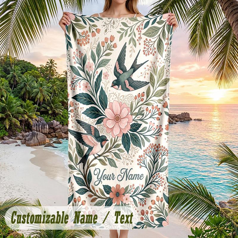 Birds Flowers Garden 2 Theme Quick Dry Beach Towel Custom Name Text Print Large Sand Resistant Towel Beach Vacation