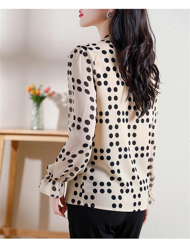 TAITENG Chiffon Long Polka Dot Blouse with Korean Elegant for Office and Commuting Women's Shirt, Sleeve, V-Neck, Print, Ribbon, Fashion, Wear,