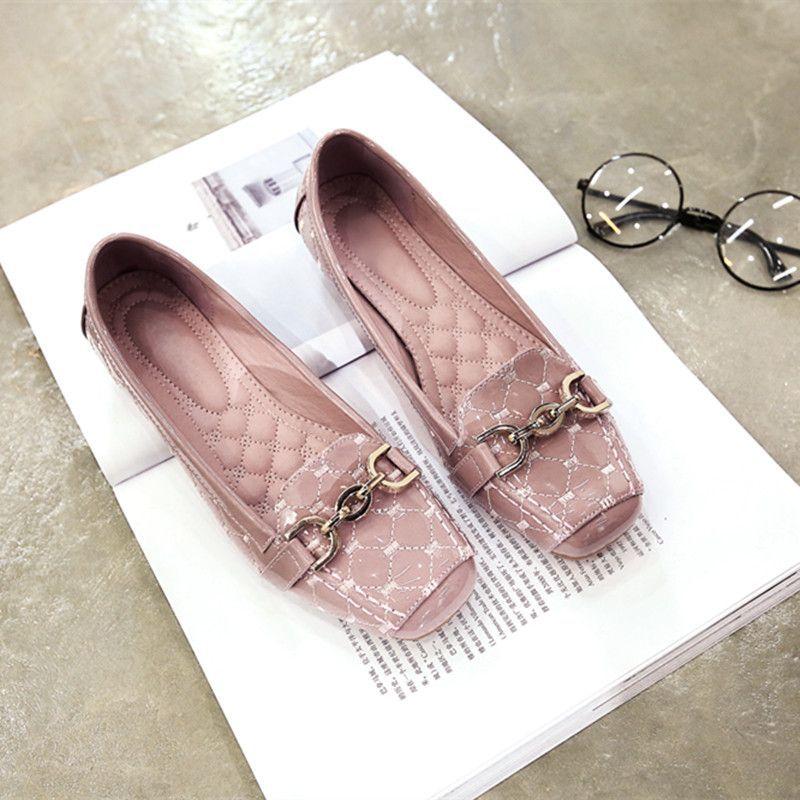 Trendy brand size leather single shoes women's flat-soled versatile Doudou shoes square head soft leather soft sole casual loafers 43 ladyshoes