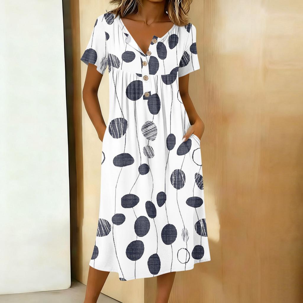 Vestido Casual Feminino Moderno Estampado Retrô Gola Redonda Manga Curta Botão na Gola Comprimento Médio