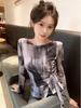 Retro Chic Tie-Dye Netz Langarm Eingezogene Taille Überwurf Top