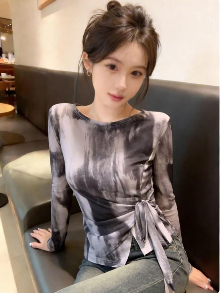 Retro Chic Tie-Dye Netz Langarm Eingezogene Taille Überwurf Top