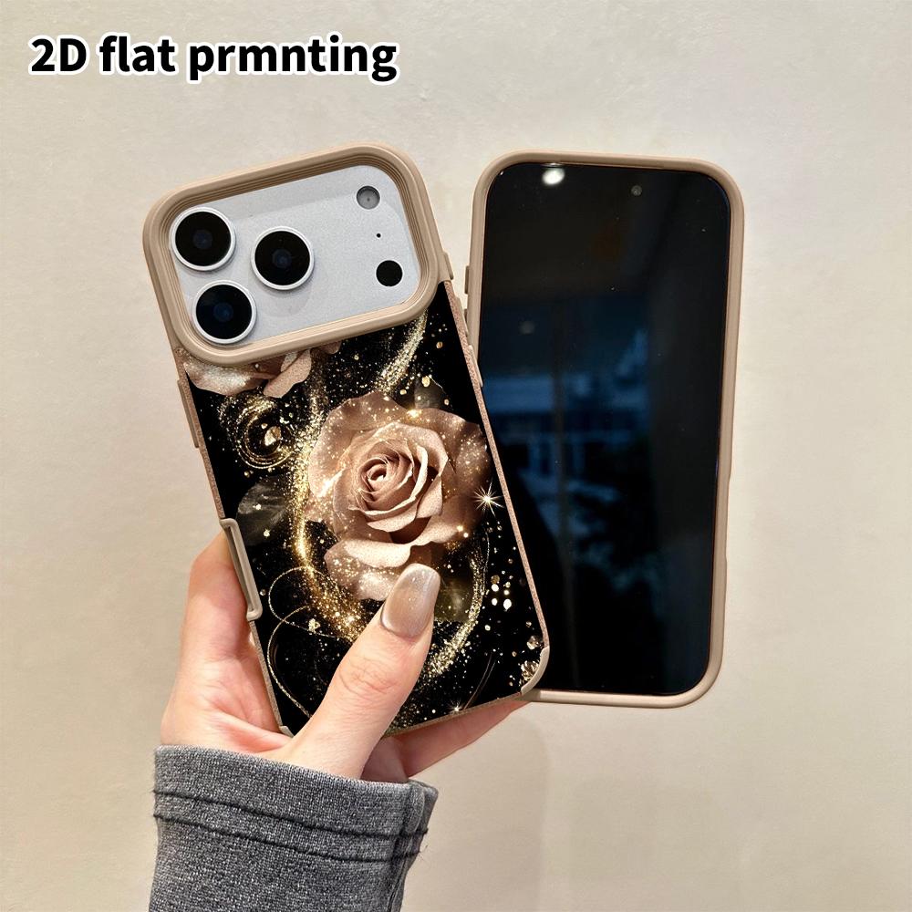 Phone Case: 2D flat lambskin suitable for iPhone 18 17 16 15 14 13Pro film protective case,champagne gold rose, Christmas and Halloween gift