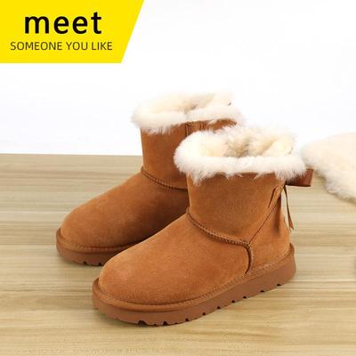 Bottes de Neige pour Femmes en Cuir Véritable de Mouton & Fourrure - Courtes, Antidérapantes, Chaussures d'Hiver en Laine Coton
